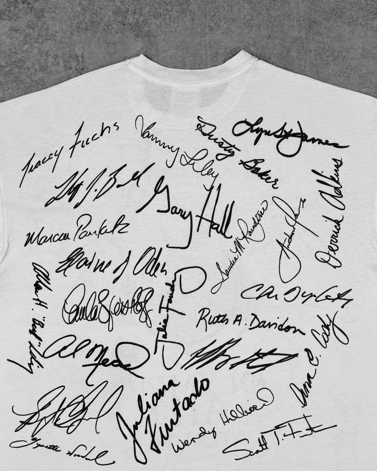 Print detail of the facsimile signatures on the back of the t-shirt