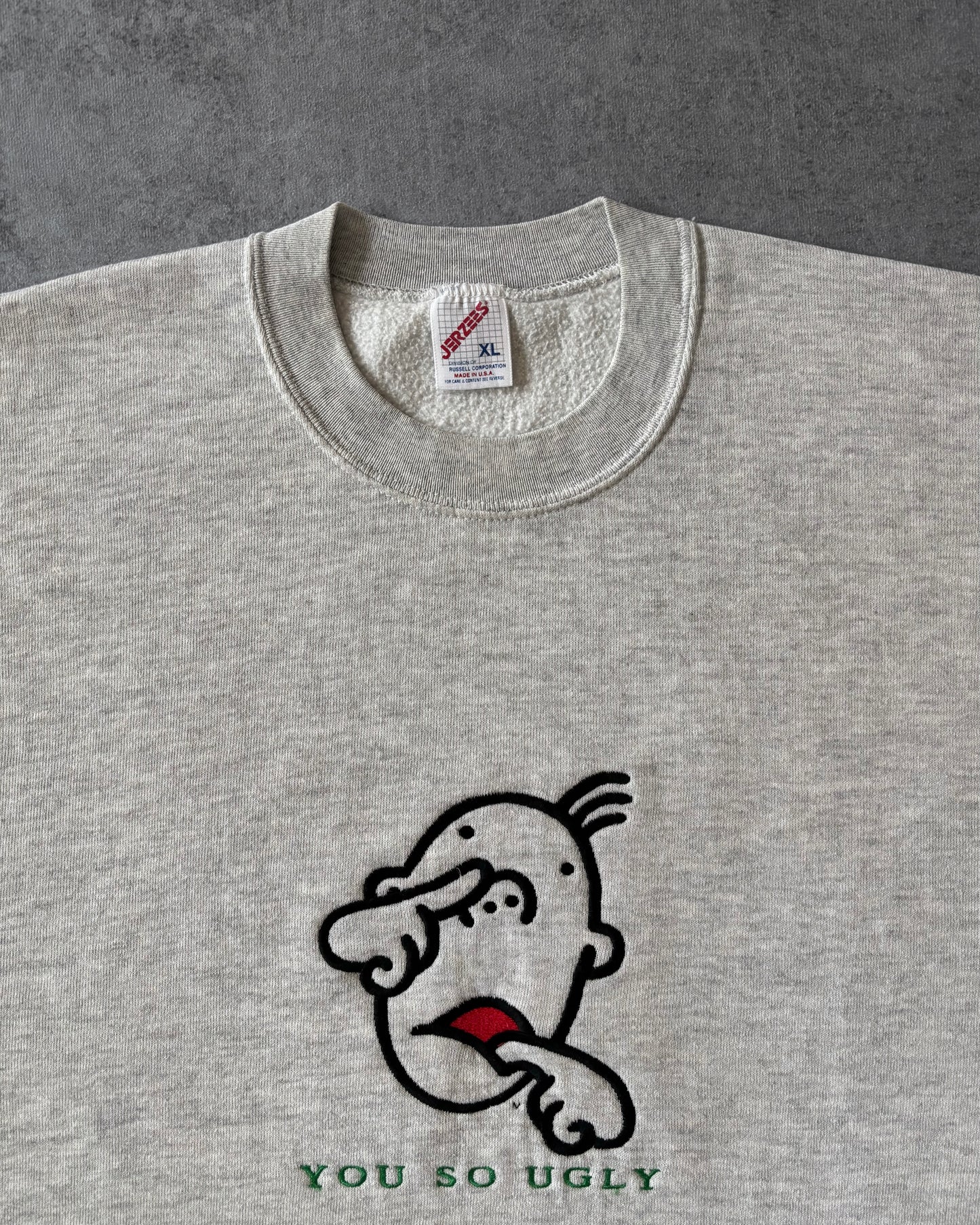 Vintage 1980s “You So Ugly” Embroidered Crewneck – Jerzees – Made in USA – Cartoon Graphic