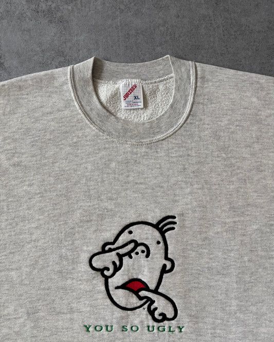 Vintage 1980s “You So Ugly” Embroidered Crewneck – Jerzees – Made in USA – Cartoon Graphic