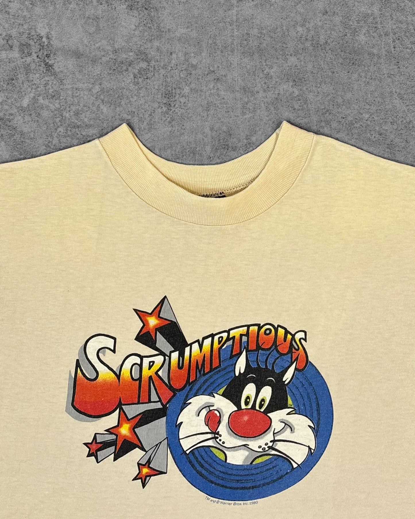 Close-up of Sylvester the Cat Scrumptious graphic print, copyright 1980 Warner Bros