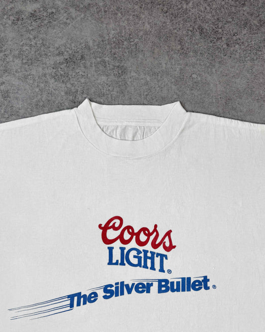Vintage 1980s Coors Light “The Silver Bullet” Graphic T-Shirt – White Single Stitch Beer Promo Tee