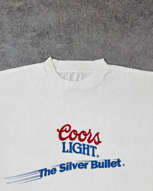 Vintage 1980s Coors Light “The Silver Bullet” Graphic T-Shirt – White Single Stitch Beer Promo Tee