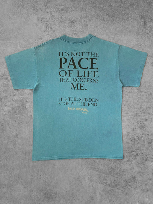 Vintage 1990s No Fear Gear Quote T-Shirt Faded Blue Graphic Tee Back Print