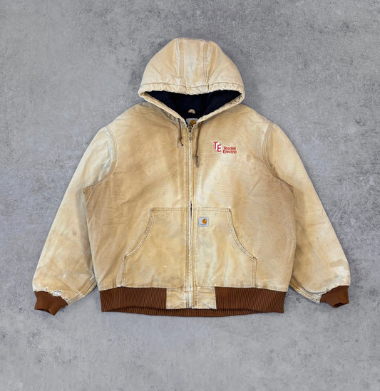 Vintage Early 2000s Tesdell Electric Carhartt Active Jacket J130 – Distressed Tan Duck Canvas Workwear Hoodie