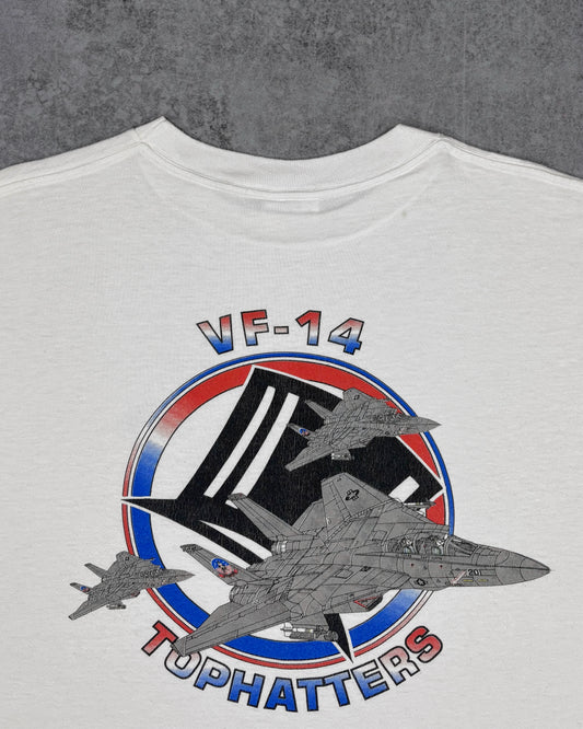 Vintage 1990s VF-14 Tophatters F-14 Tomcat Military Graphic T-Shirt - USA Navy Aviation Tee