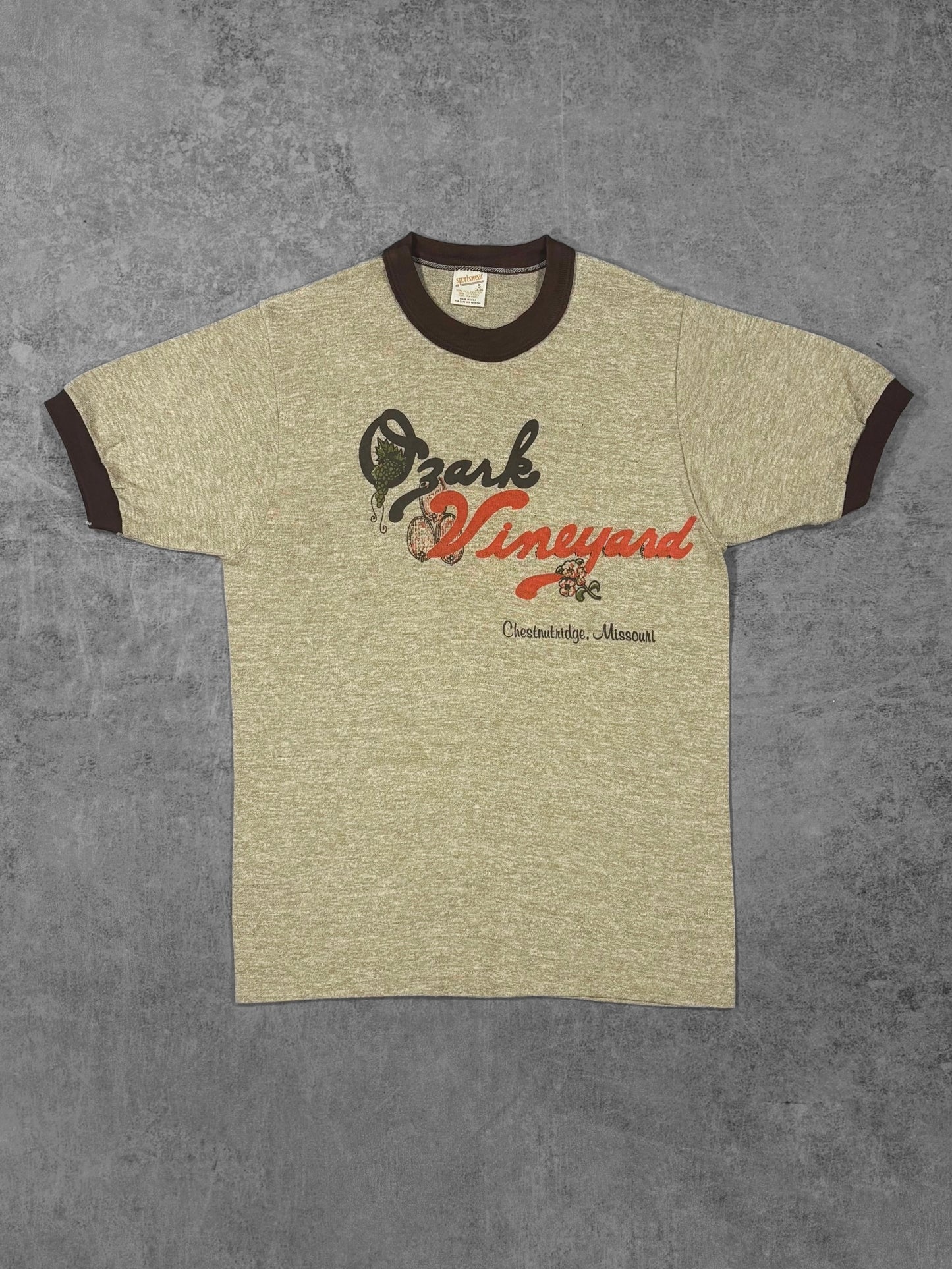 Vintage 1970s Ozark Vineyard ringer t-shirt, oatmeal with brown trim, front view
