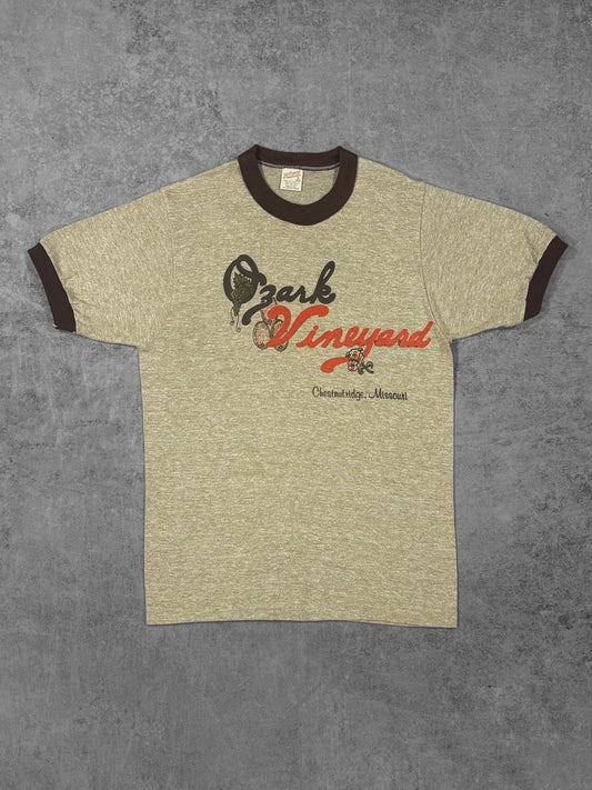Vintage 1970s Ozark Vineyard ringer t-shirt, oatmeal with brown trim, front view