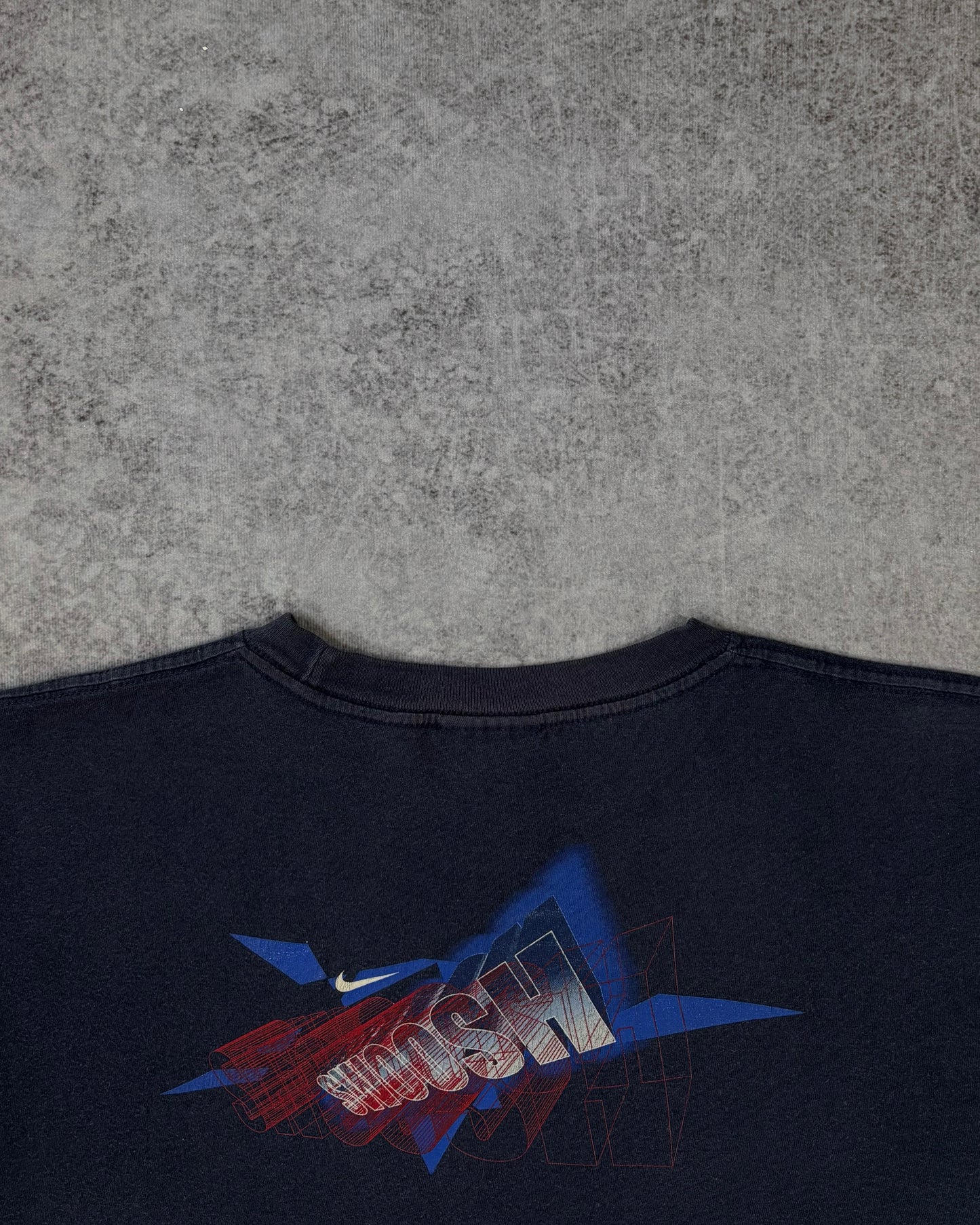 Vintage 2000s Nike Mini Swoosh Graphic T-Shirt – Back Print Logo Tee Navy