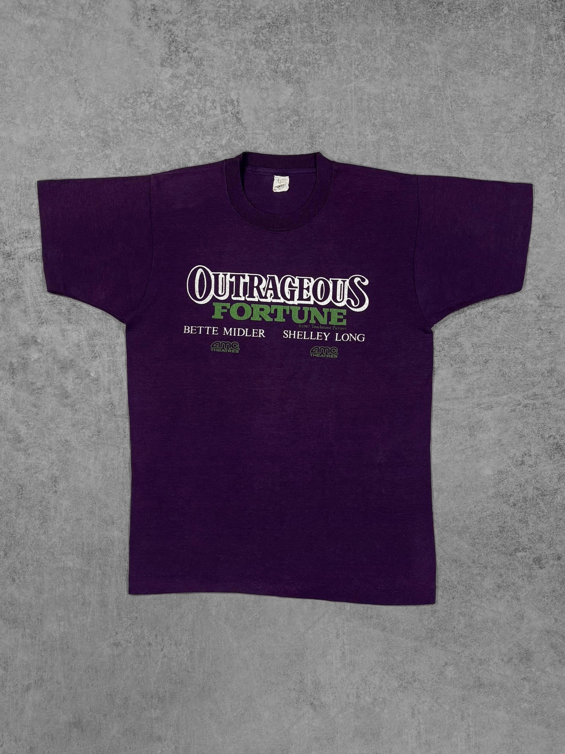 Vintage 1987 Outrageous Fortune movie promo t-shirt, purple, front view