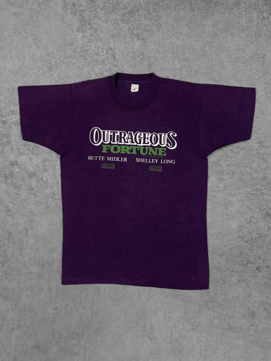 Vintage 1987 Outrageous Fortune movie promo t-shirt, purple, front view