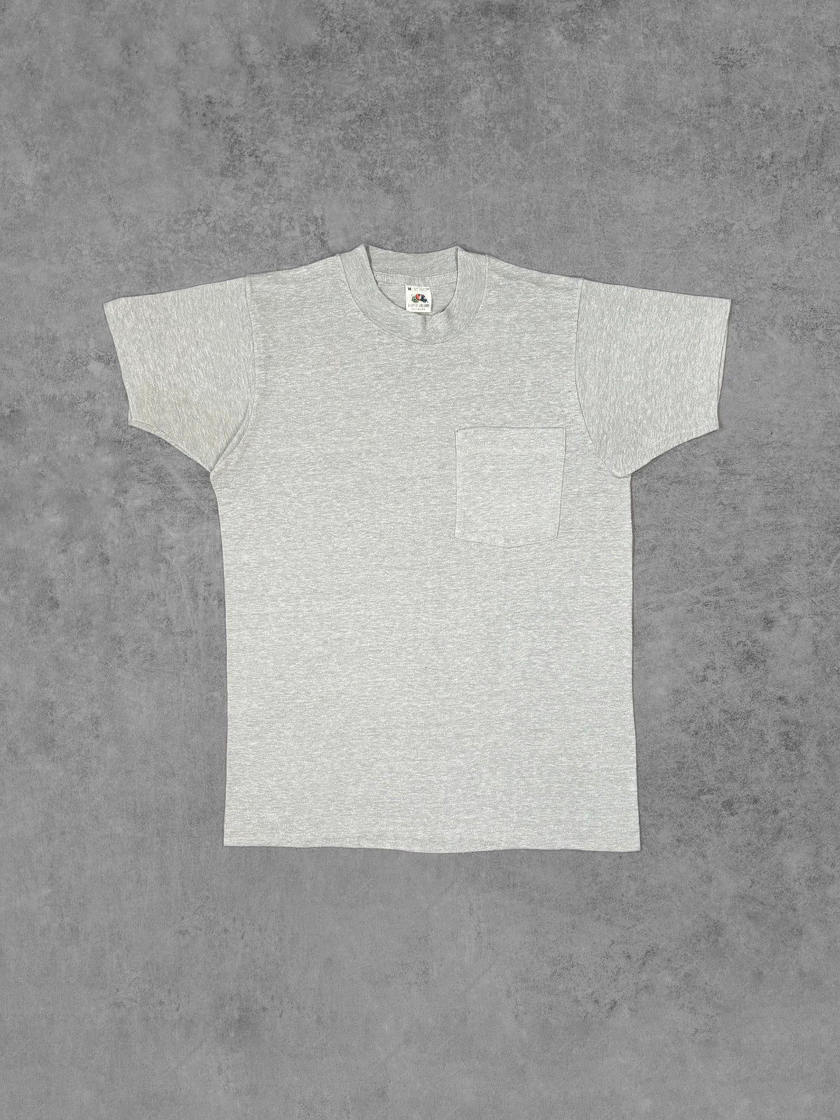 Vintage 1980s Fruit of the Loom Grey Pocket T-Shirt Made in USA Single Stitch