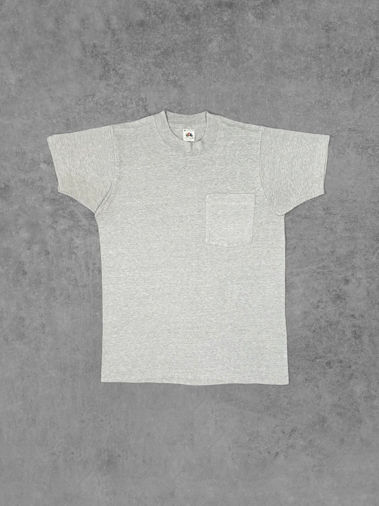 Vintage 1980s Fruit of the Loom Grey Pocket T-Shirt Made in USA Single Stitch