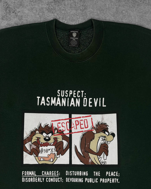 Close-up of Tasmanian Devil Suspect and Escaped graphic print on vintage Warner Bros sweatshirt