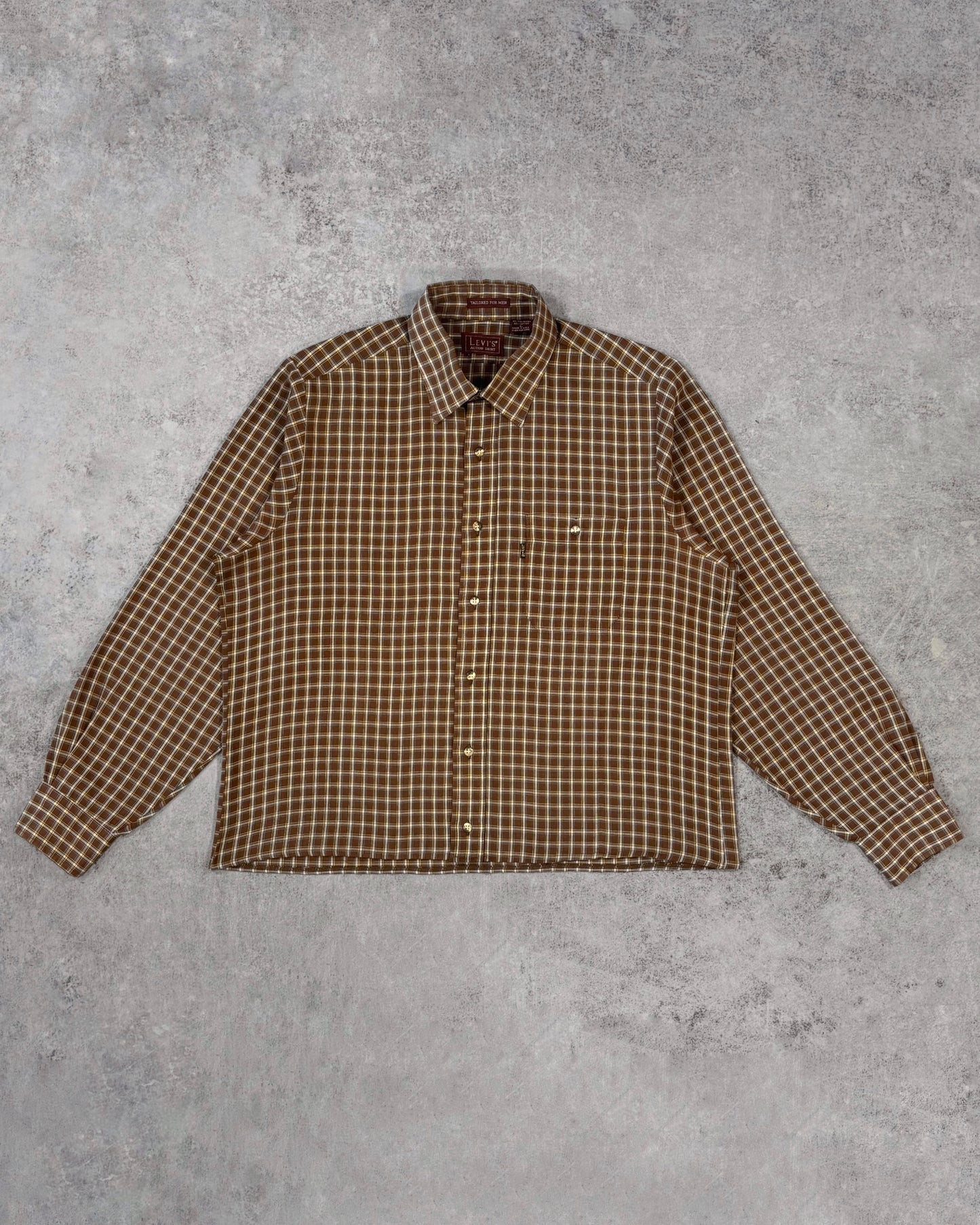 Vintage 1990s Levi’s Action Shirt Brown Plaid Button Down – Made in USA - Cropped Shirt