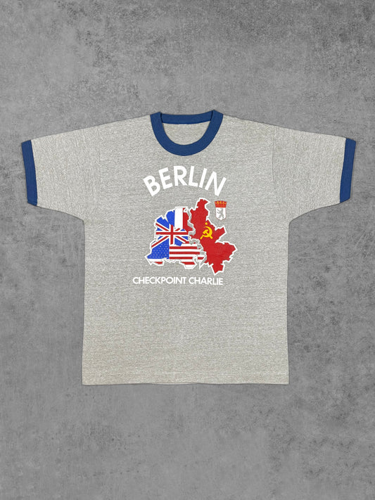 Vintage 1980s Berlin Checkpoint Charlie ringer t-shirt – front view