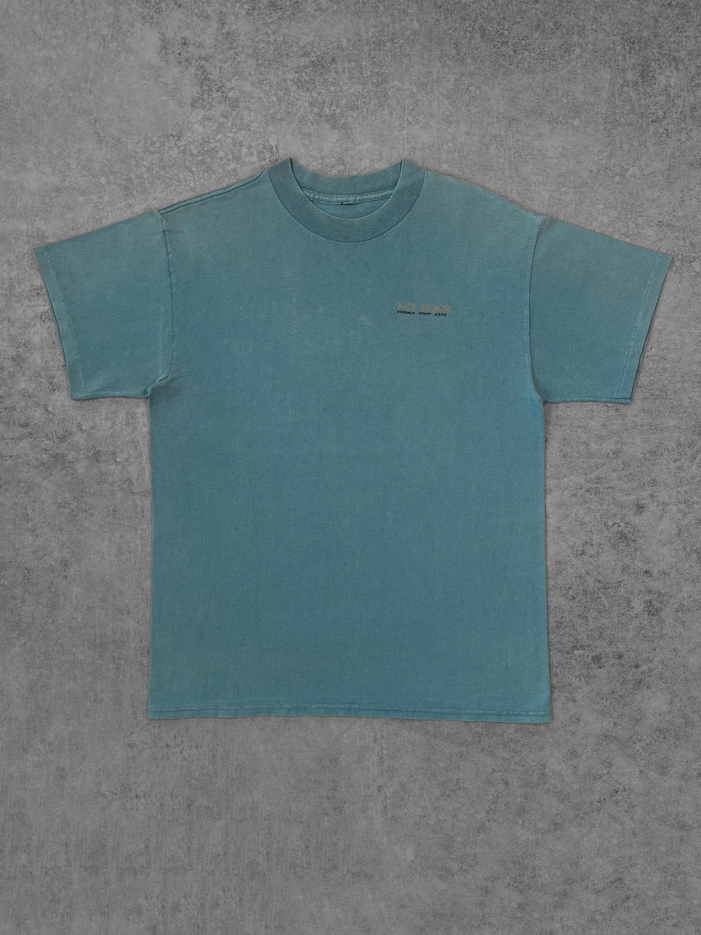 Vintage 1990s No Fear Gear Quote T-Shirt Faded Blue Graphic Tee Back Print