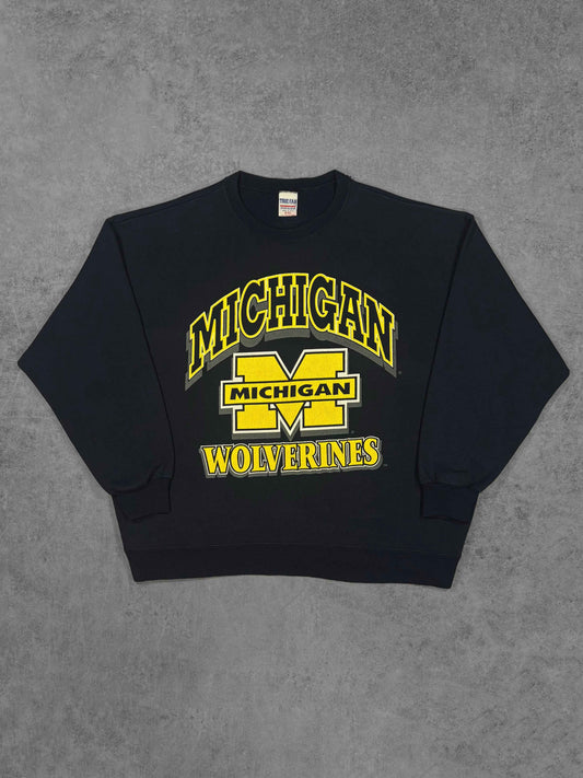 Vintage 1990s Michigan Wolverines True-Fan USA Crewneck Sweatshirt – NCAA Big Logo Screen Print