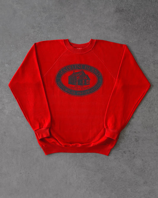 Vintage 1980s Madeline Island Lakeview School Sweatshirt – Made in USA – Red Raglan Crewneck