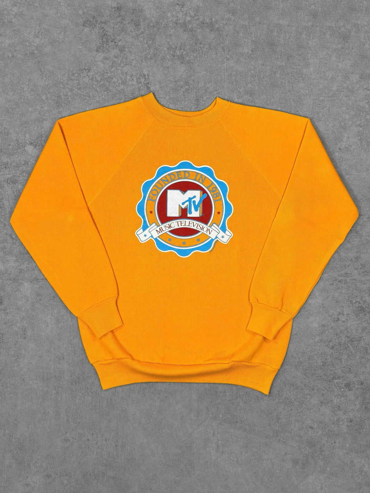 Vintage 1980s MTV Music Television Founded in 1981 Raglan Crewneck - Collegiate Pacific - Flocked Print - Made in USA
