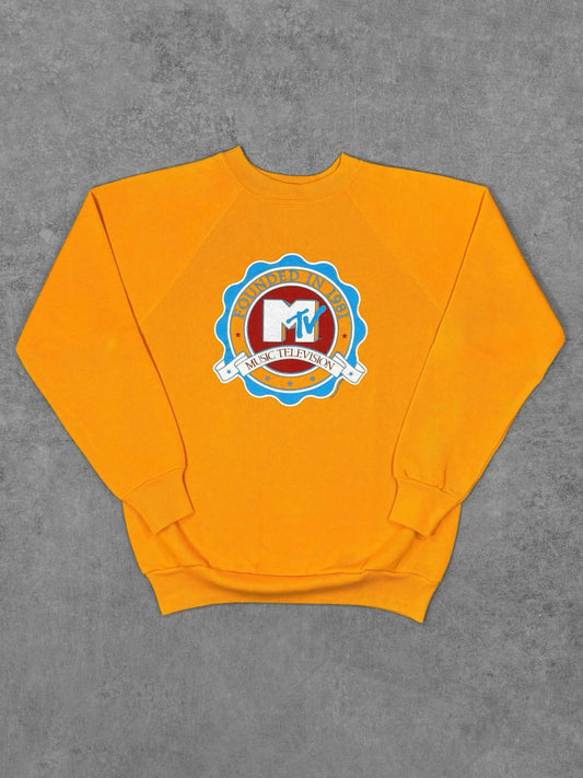 Vintage 1980s MTV Music Television Founded in 1981 Raglan Crewneck - Collegiate Pacific - Flocked Print - Made in USA