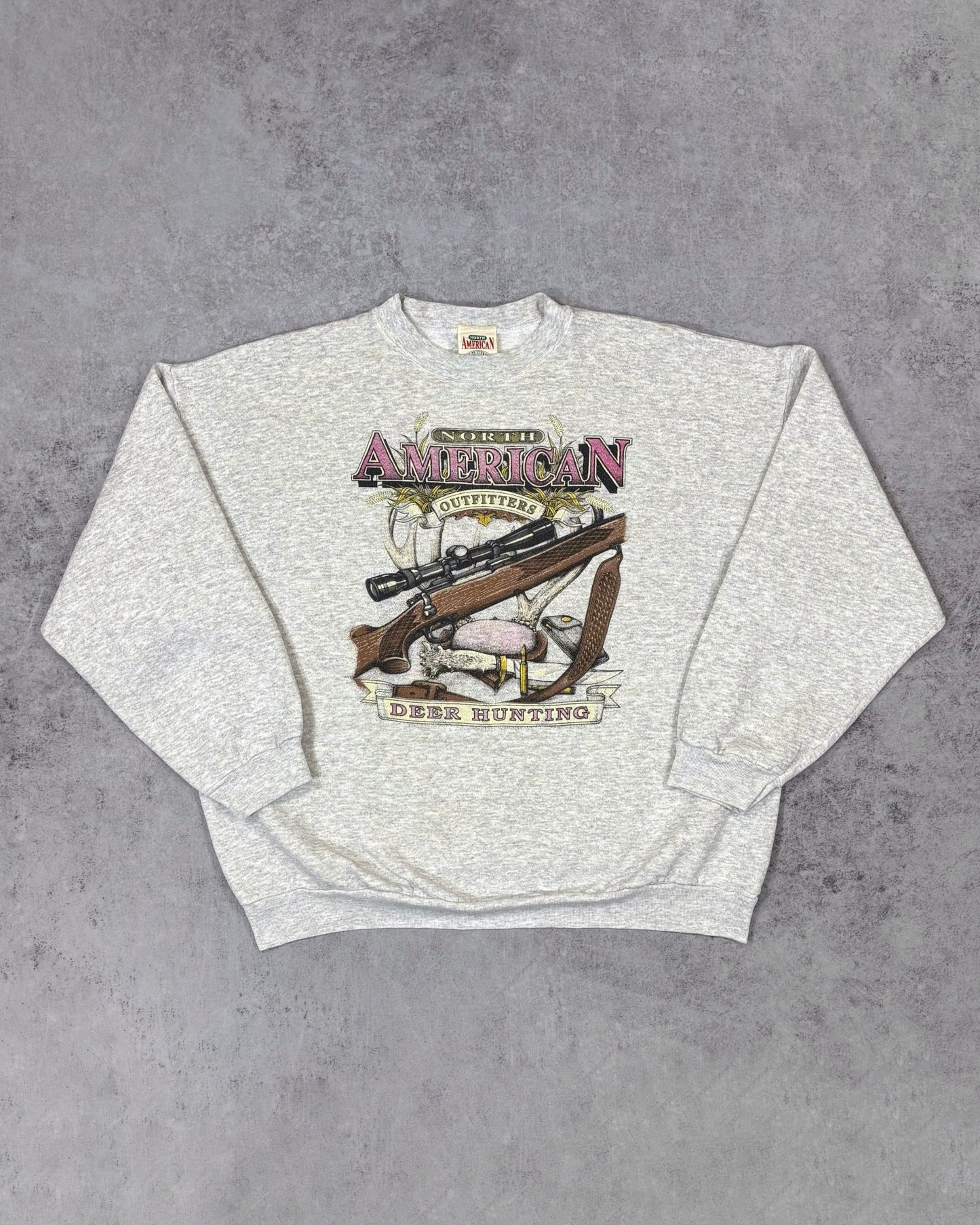Vintage 1990s North American Outfitters Deer Hunting Graphic Crewneck Sweatshirt – Tultex Blank – Hunting Rifle Print