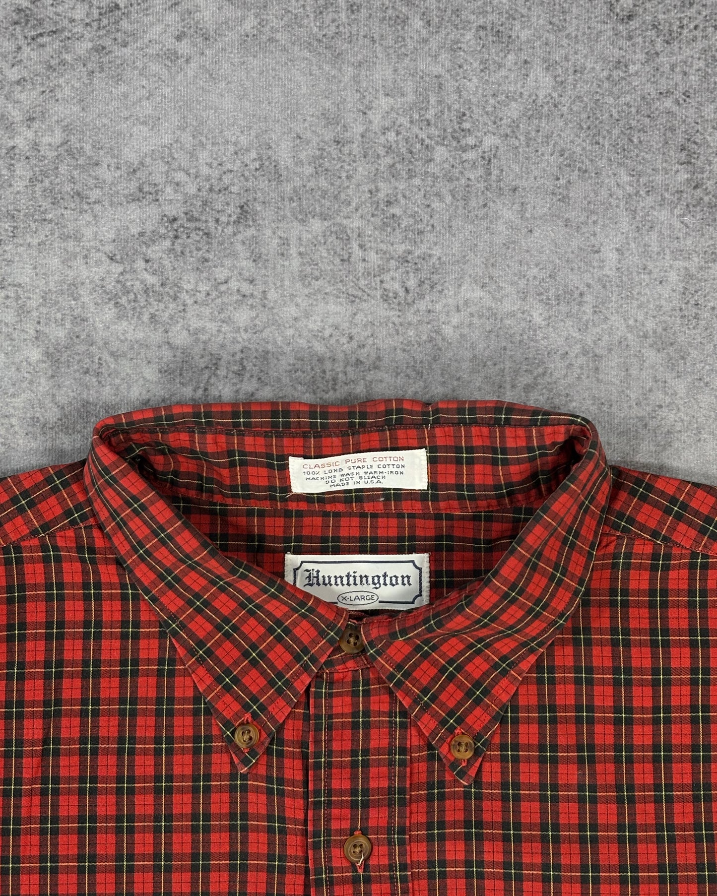 Vintage 1990s Huntington Red Tartan Check Short Sleeve Button Down Shirt - Made in USA