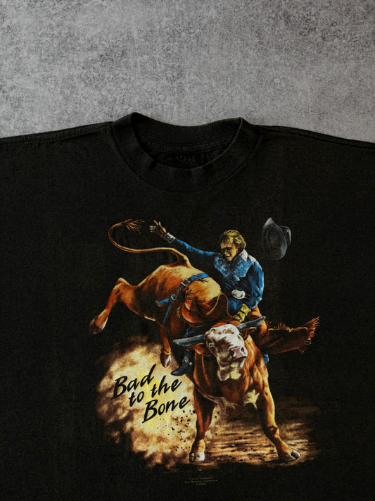 Vintage 1988 “Bad to the Bone” Cowboy T-Shirt – Trinity Products – Halftone Rodeo Print