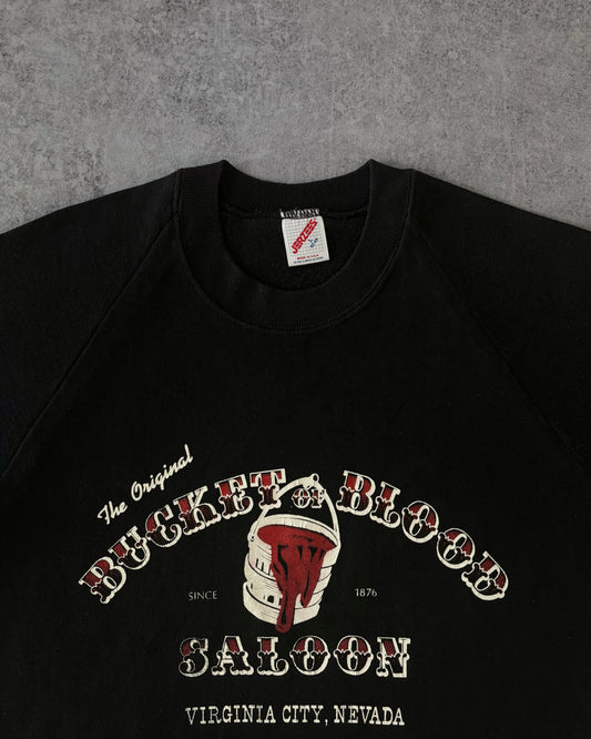 Vintage 1980s Bucket of Blood Saloon Sweatshirt – Virginia City Nevada – Jerzees USA – Black Graphic