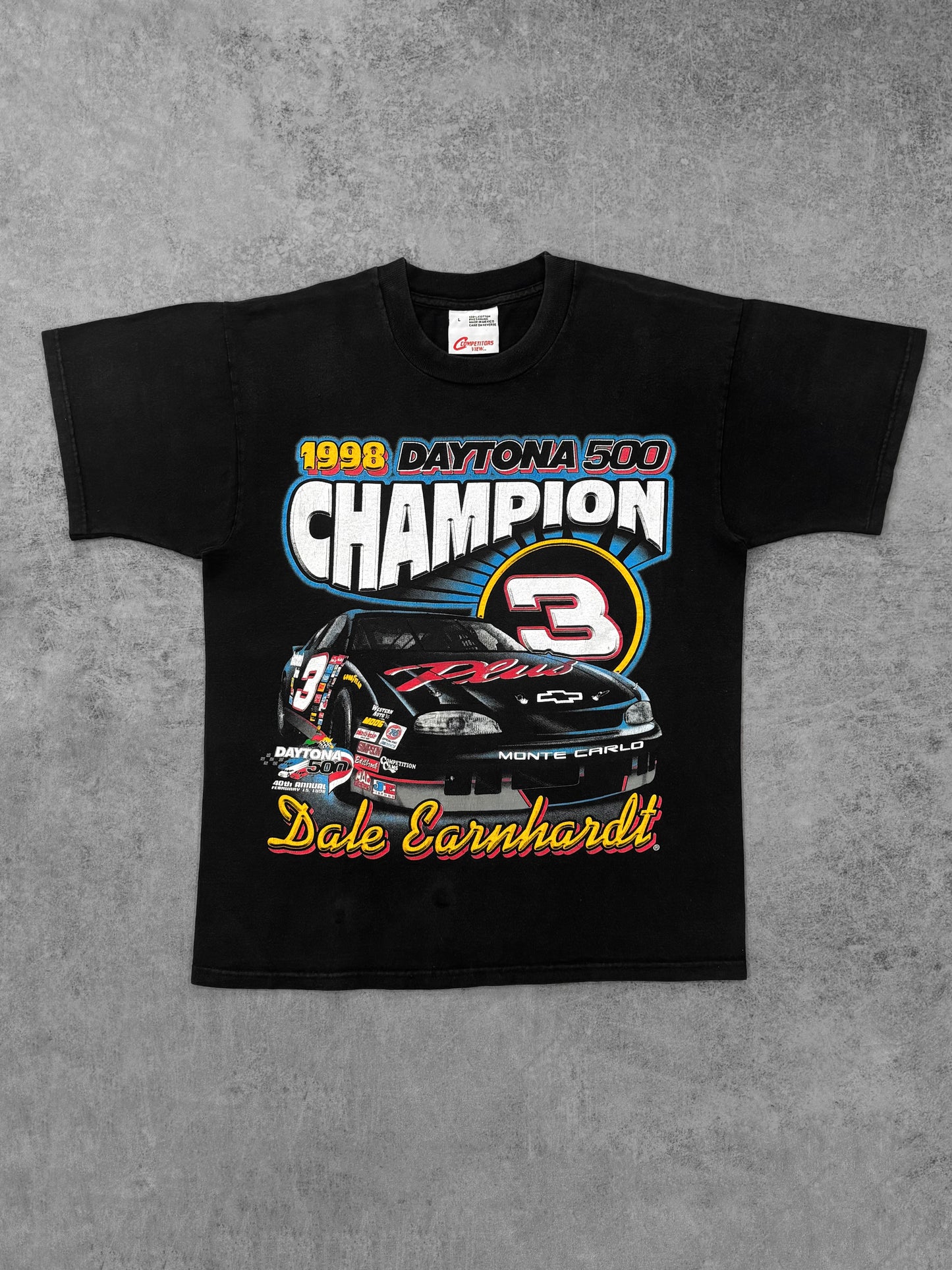 Vintage 1998 Dale Earnhardt Daytona 500 Champion NASCAR Double Sided Racing T-Shirt - Competitors View Black