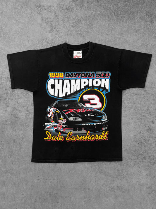 Vintage 1998 Dale Earnhardt Daytona 500 Champion NASCAR Double Sided Racing T-Shirt - Competitors View Black