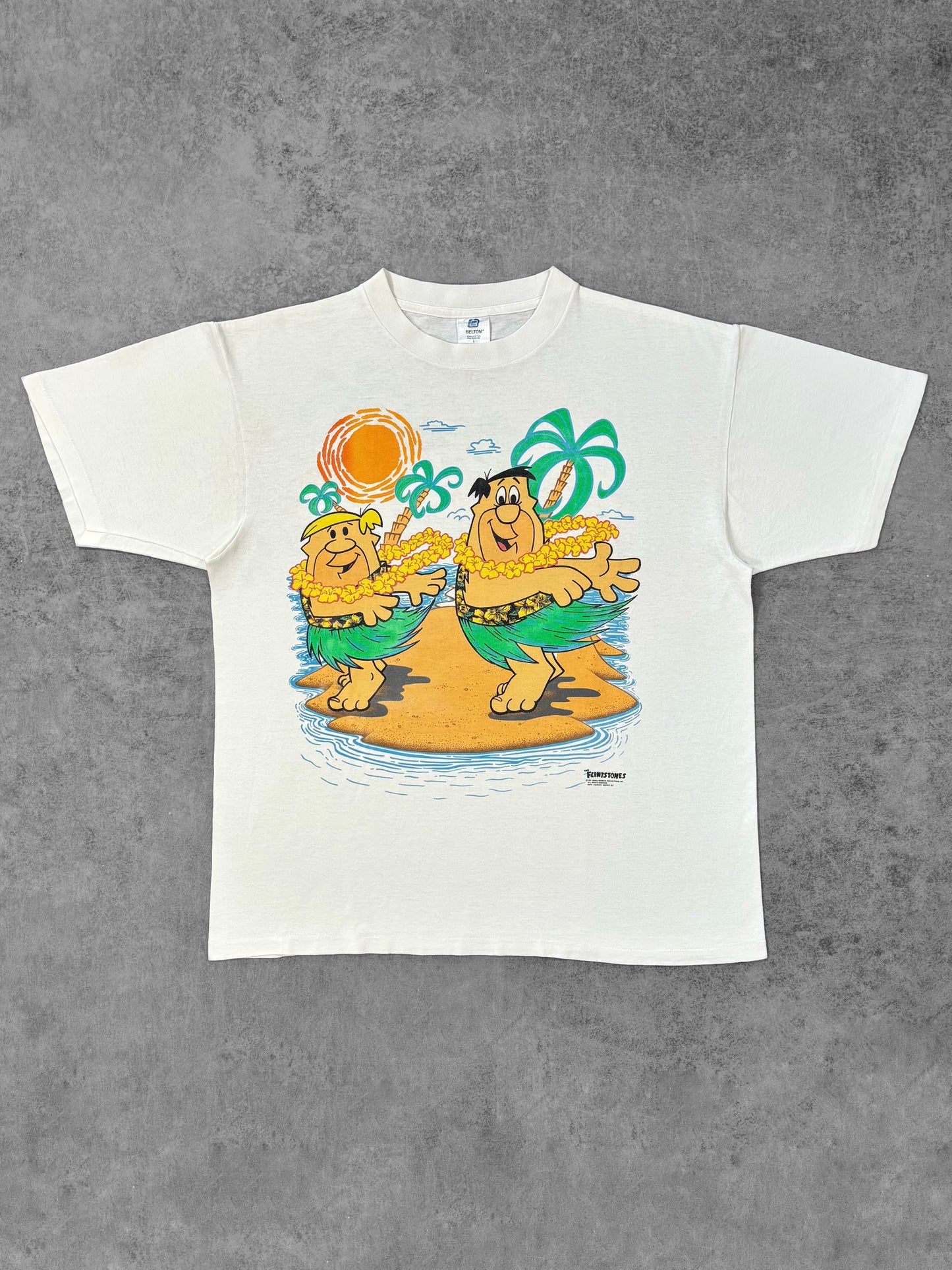 Front view of vintage 1991 Flintstones Hawaiian double sided graphic t-shirt