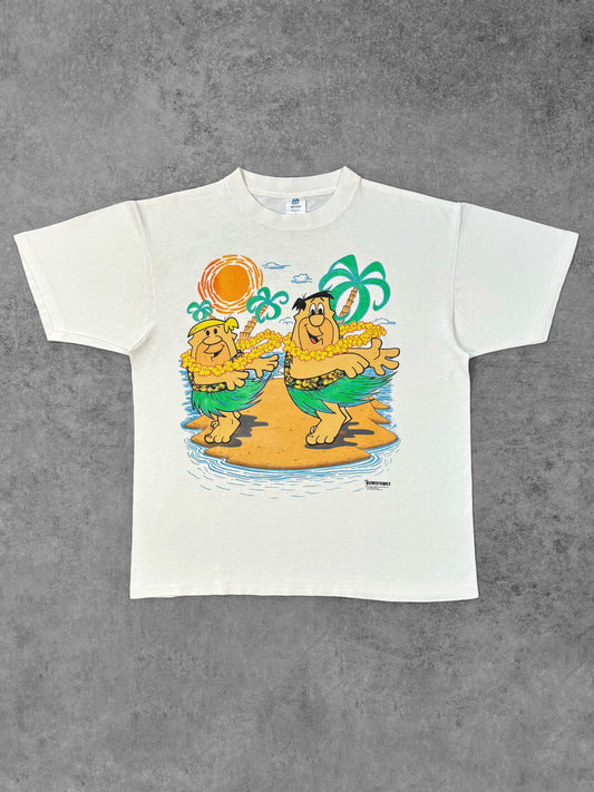 Front view of vintage 1991 Flintstones Hawaiian double sided graphic t-shirt