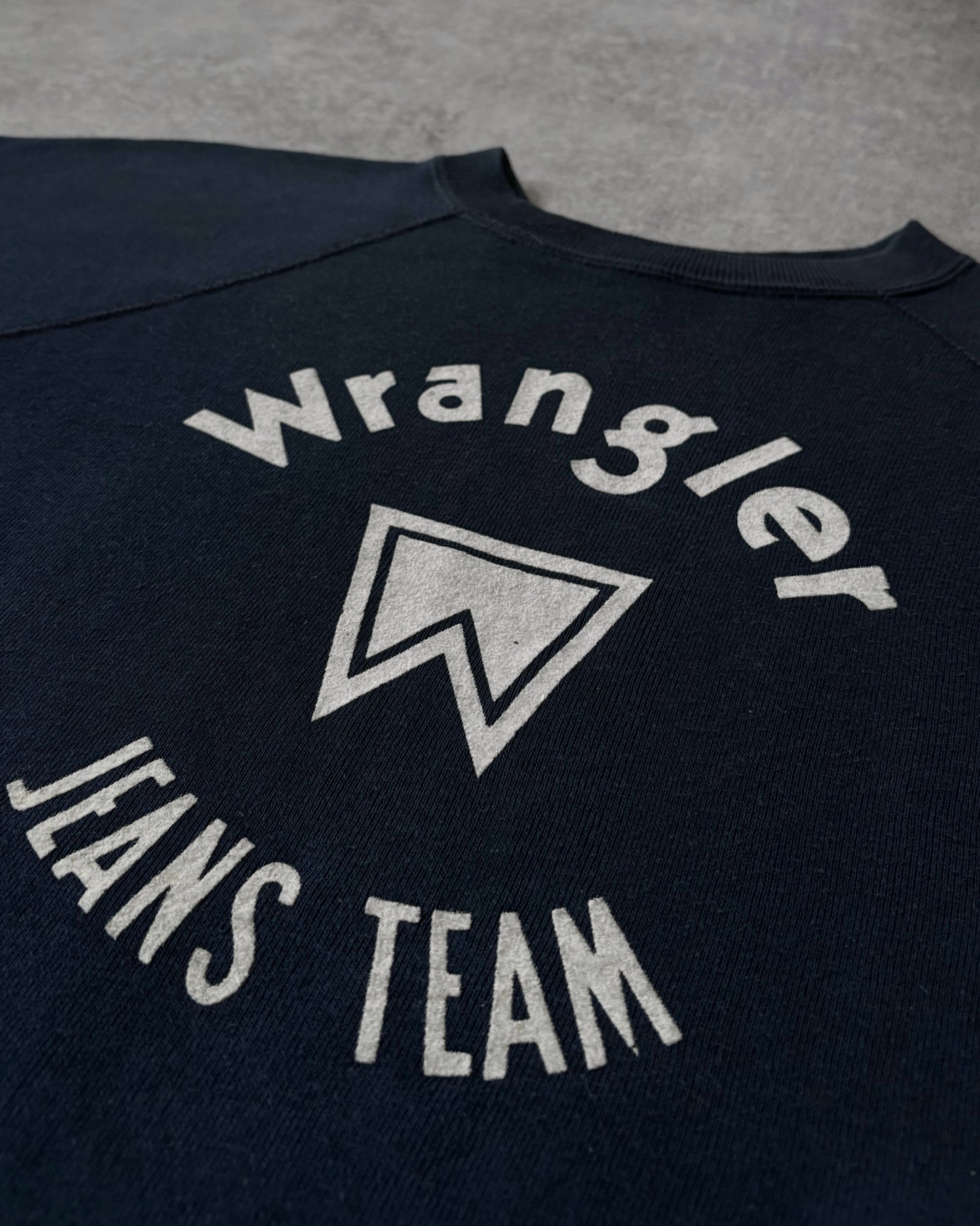 Vintage 1970s Wrangler Jeans Team Crewneck – Champion Blank – Flocked Print