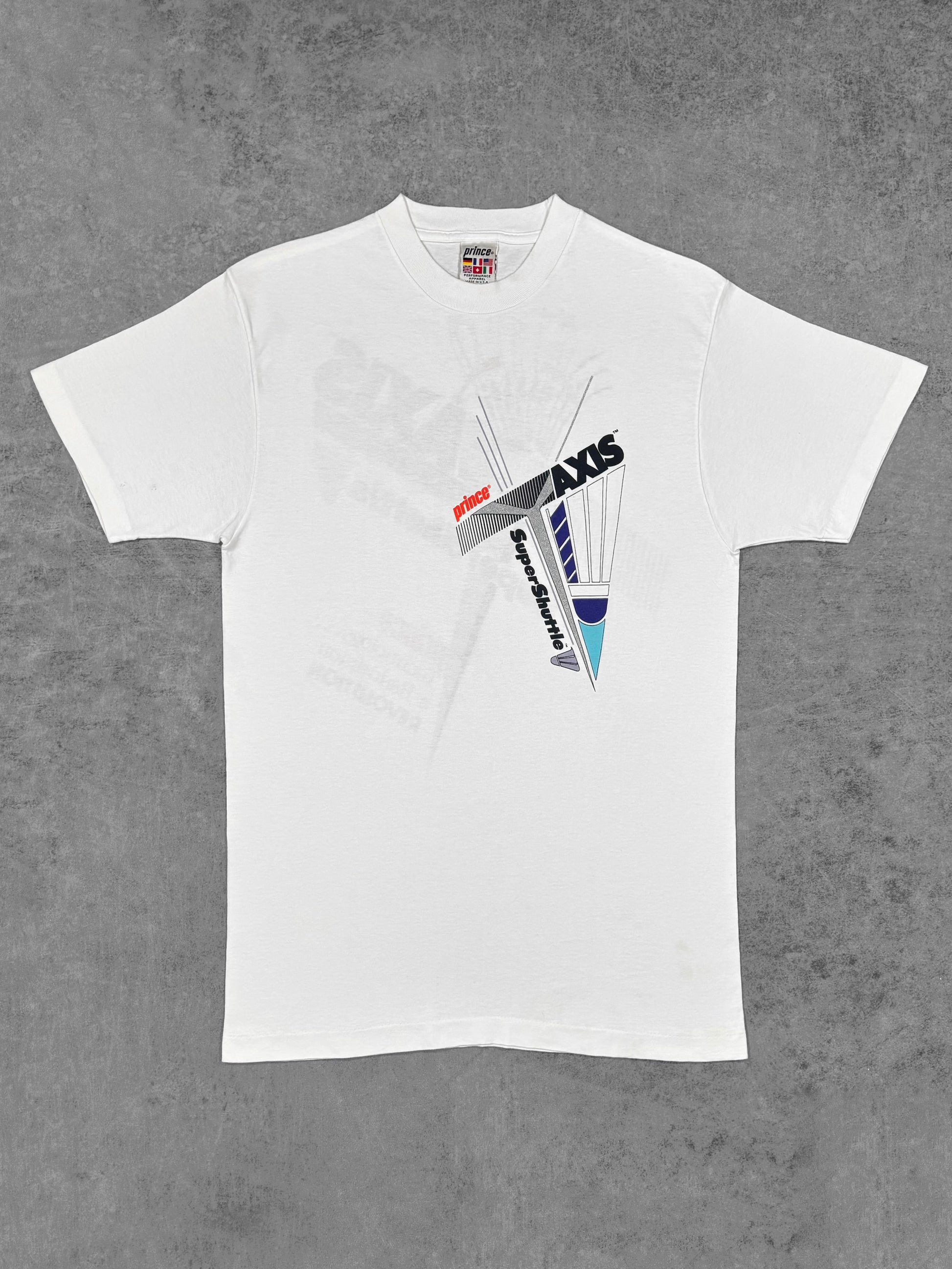 Back view of the Prince SuperShuttle AXIS t-shirt showing the large badminton graphic