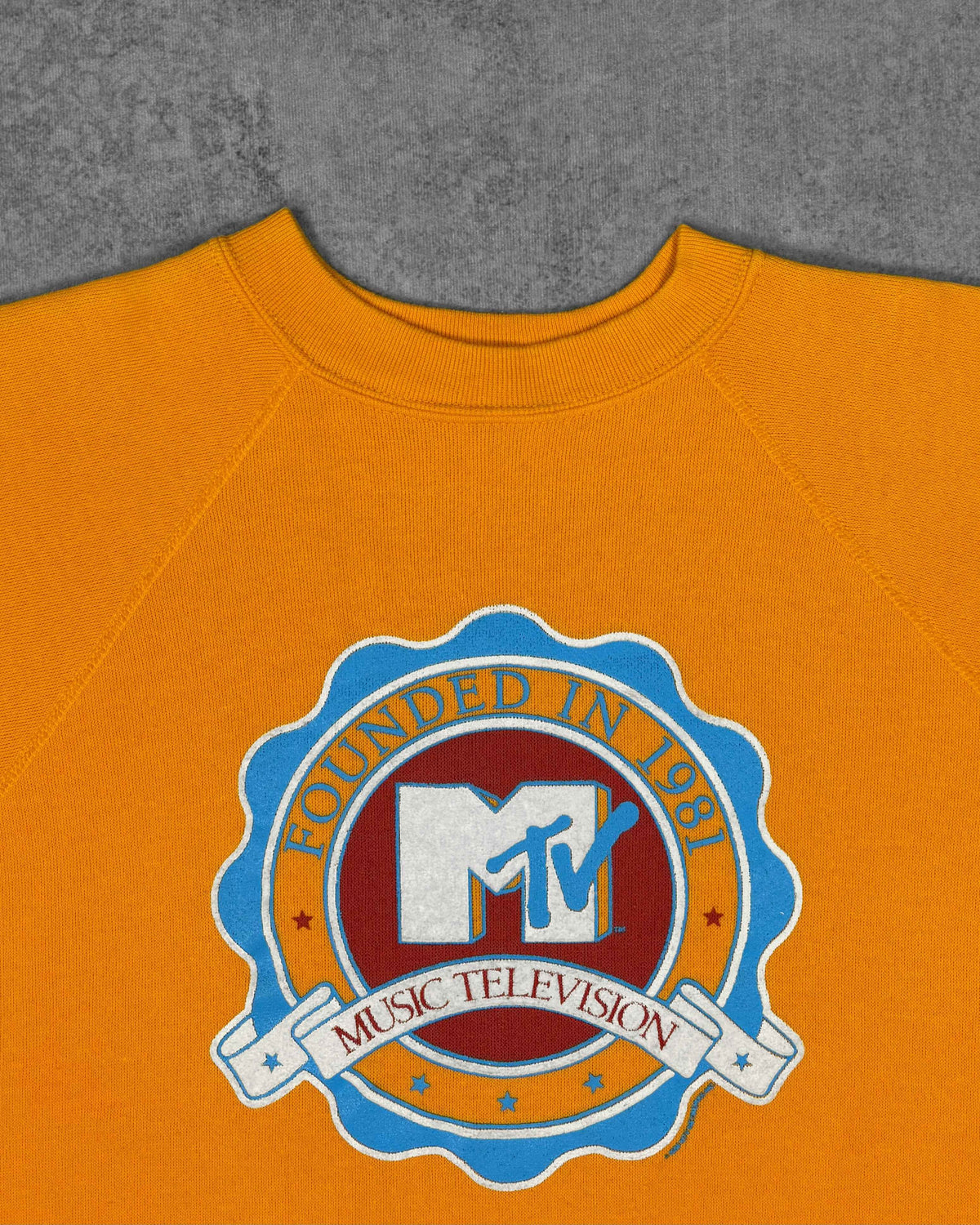 Vintage 1980s MTV Music Television Founded in 1981 Raglan Crewneck - Collegiate Pacific - Flocked Print - Made in USA