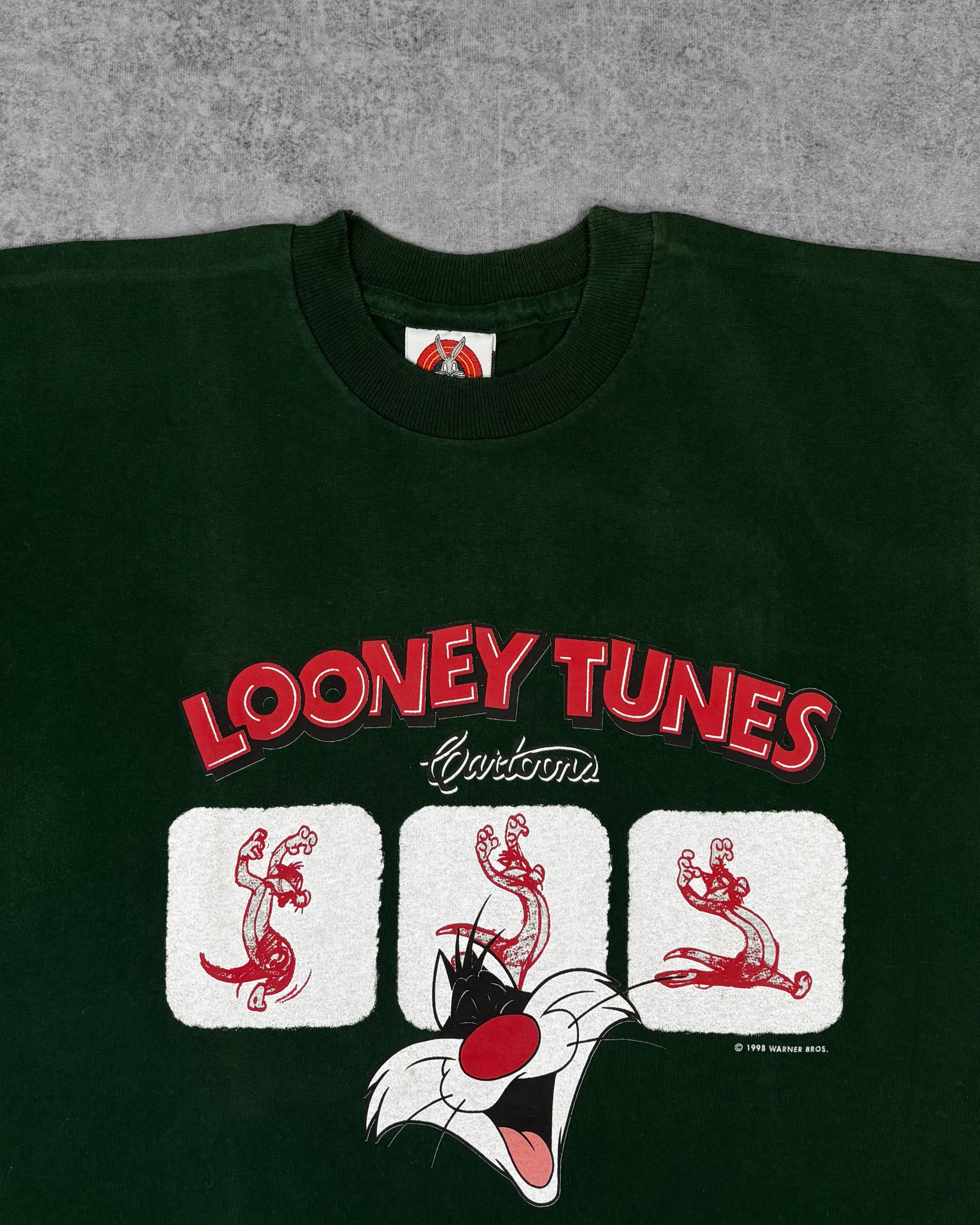 Close-up of Sylvester the Cat graphic print and Looney Tunes Cartoons lettering