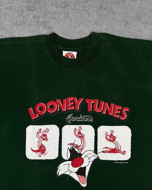 Close-up of Sylvester the Cat graphic print and Looney Tunes Cartoons lettering