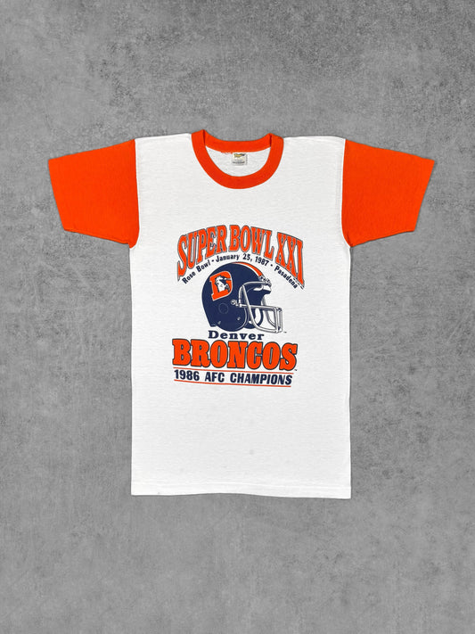Vintage 1987 Denver Broncos Super Bowl XXI NFL T-shirt, Trench, white body with orange sleeves – front view