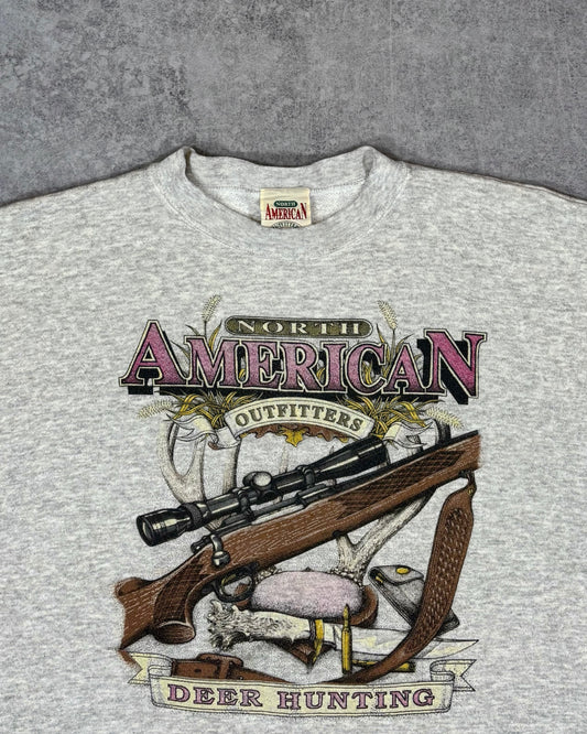 Vintage 1990s North American Outfitters Deer Hunting Graphic Crewneck Sweatshirt – Tultex Blank – Hunting Rifle Print