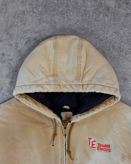Vintage Early 2000s Tesdell Electric Carhartt Active Jacket J130 – Distressed Tan Duck Canvas Workwear Hoodie