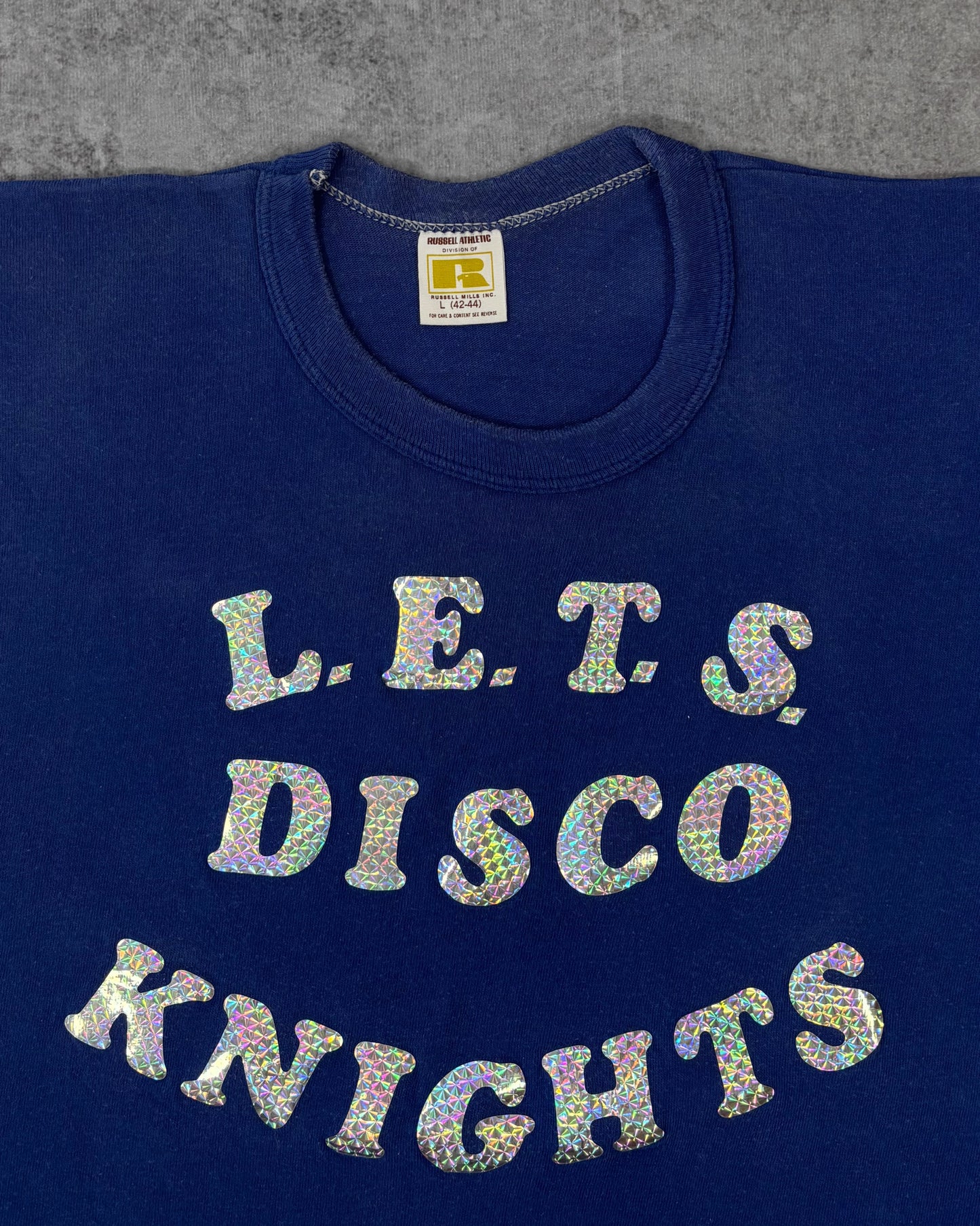 Vintage 1970s Russell Athletic LETS DISCO KNIGHTS T-Shirt - Blue Single Stitch - Made in USA - Disco Graphic Tee