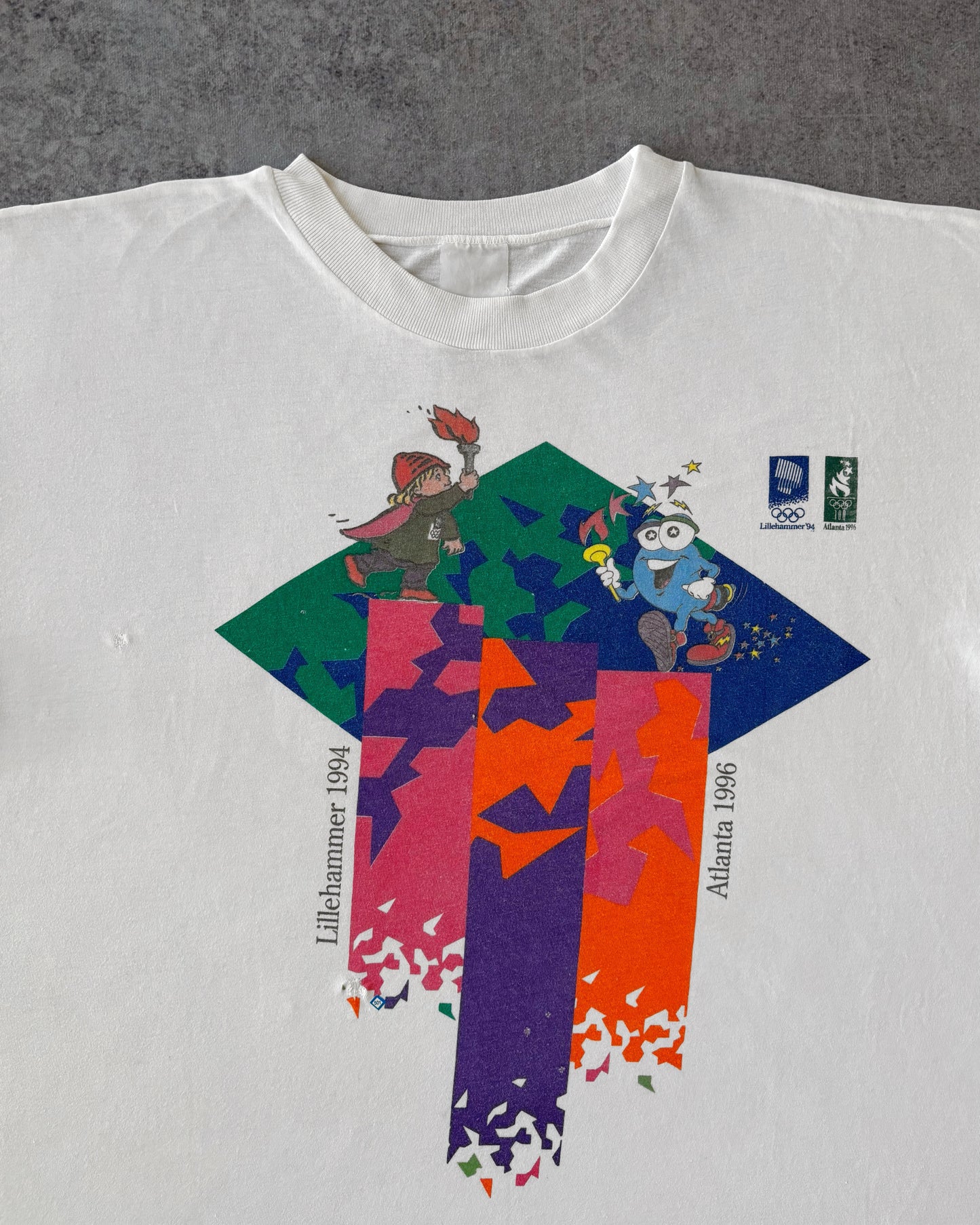 Vintage 1996 Atlanta &amp; Lillehammer Olympics Mascot T-Shirt – Double Torch Graphic
