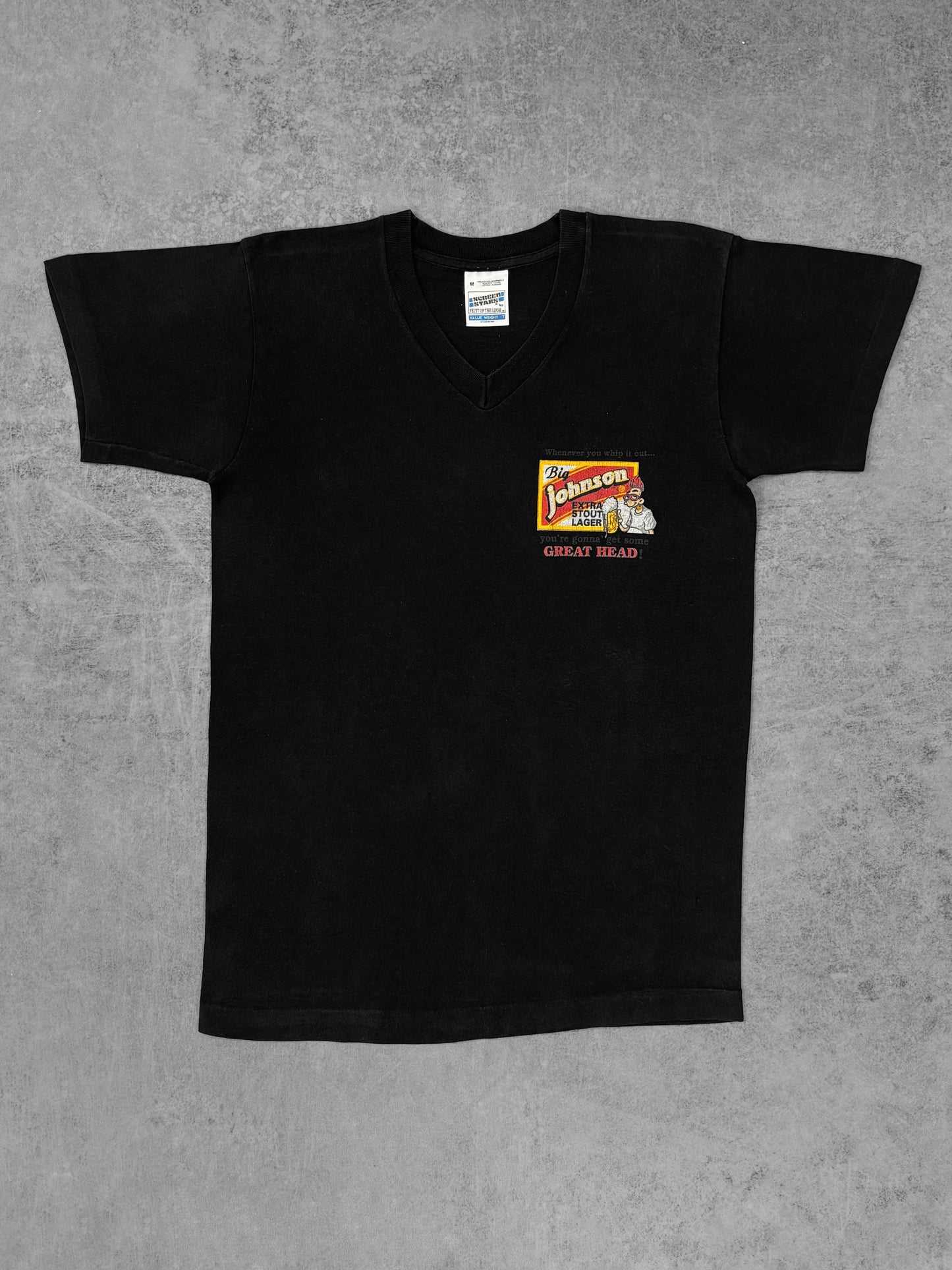 Vintage 1990s Big Johnson Beer Parody V-Neck T-Shirt – Screen Stars Fruit of the Loom – Double Sided Graphic Tee