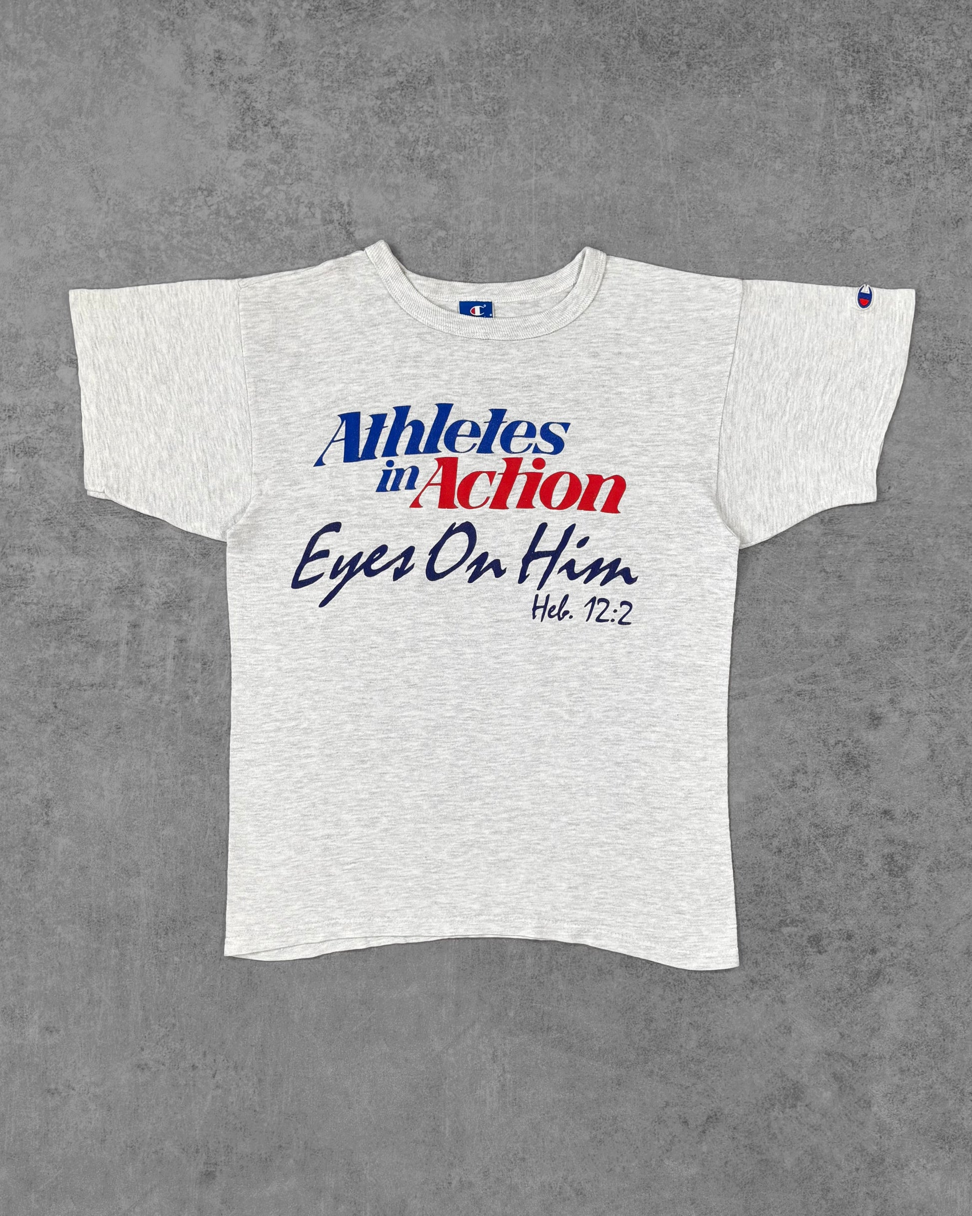 Front view of vintage 1990s Champion 'Athletes in Action' t-shirt in ash grey