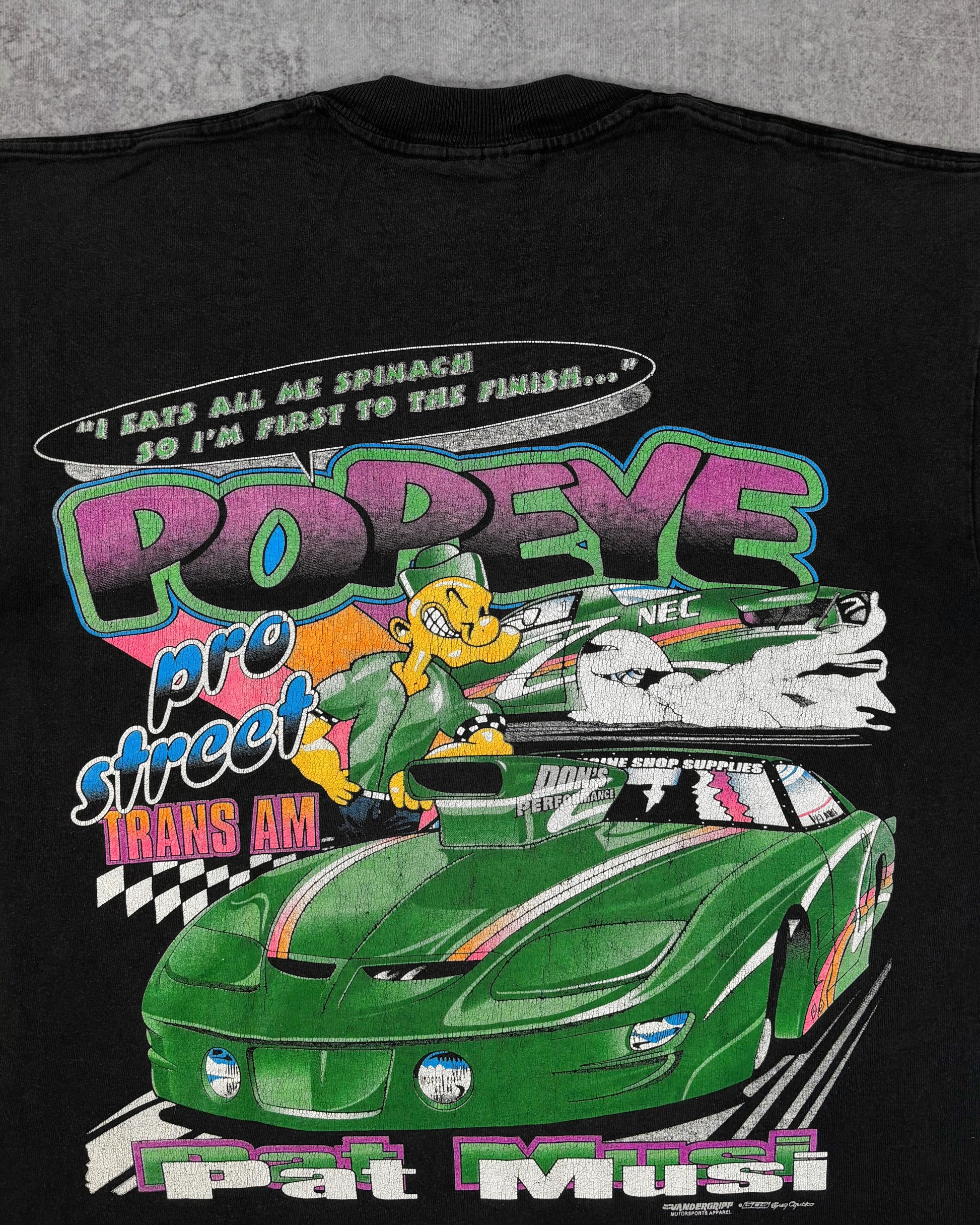 Vintage late 1990s Pat Musi Popeye Pro Street Trans Am racing t-shirt front print detail
