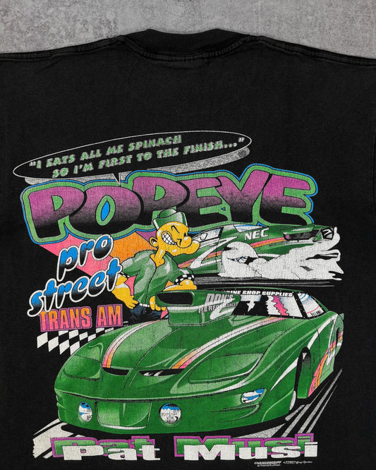 Vintage late 1990s Pat Musi Popeye Pro Street Trans Am racing t-shirt front print detail