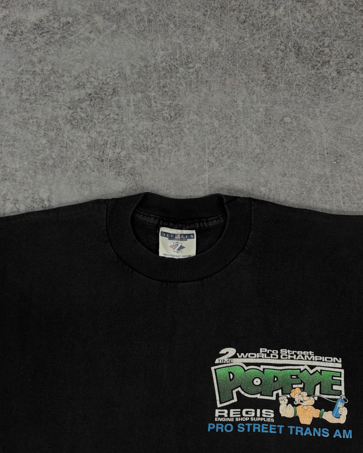Vintage late 1990s Pat Musi Popeye Pro Street Trans Am racing t-shirt back print detail