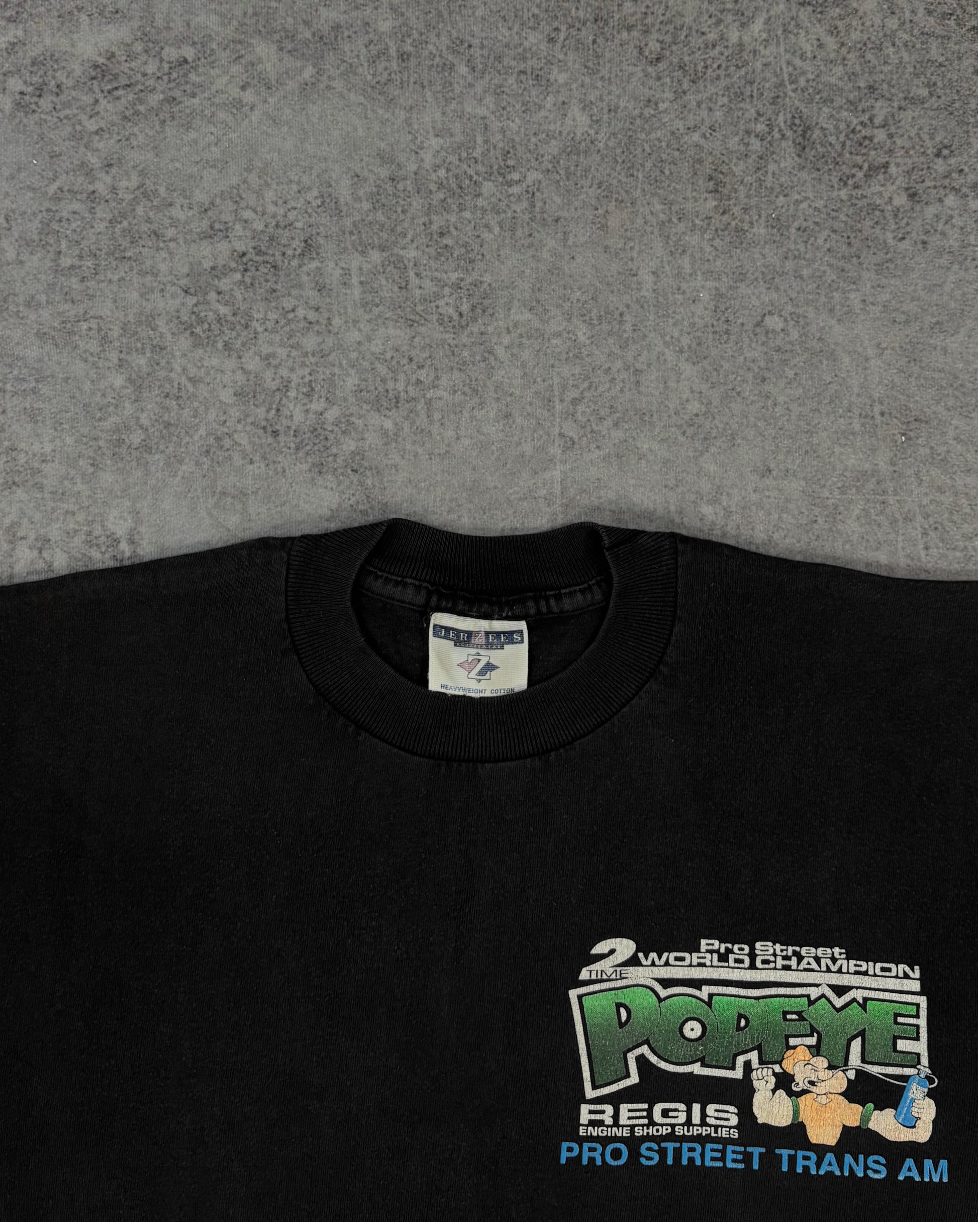 Vintage late 1990s Pat Musi Popeye Pro Street Trans Am racing t-shirt back print detail