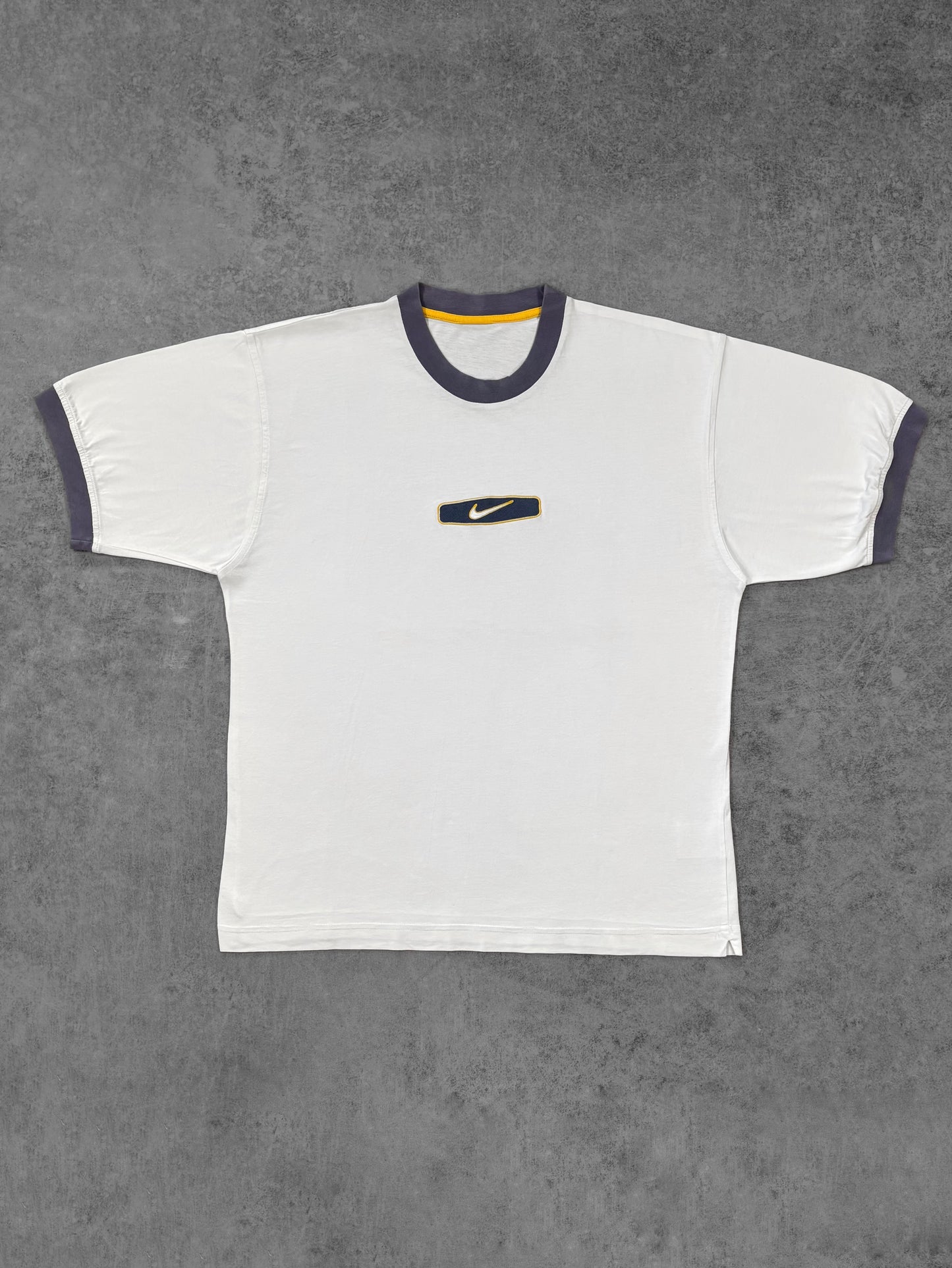 Front view of vintage late 1990s Nike ringer t-shirt in white with navy trim