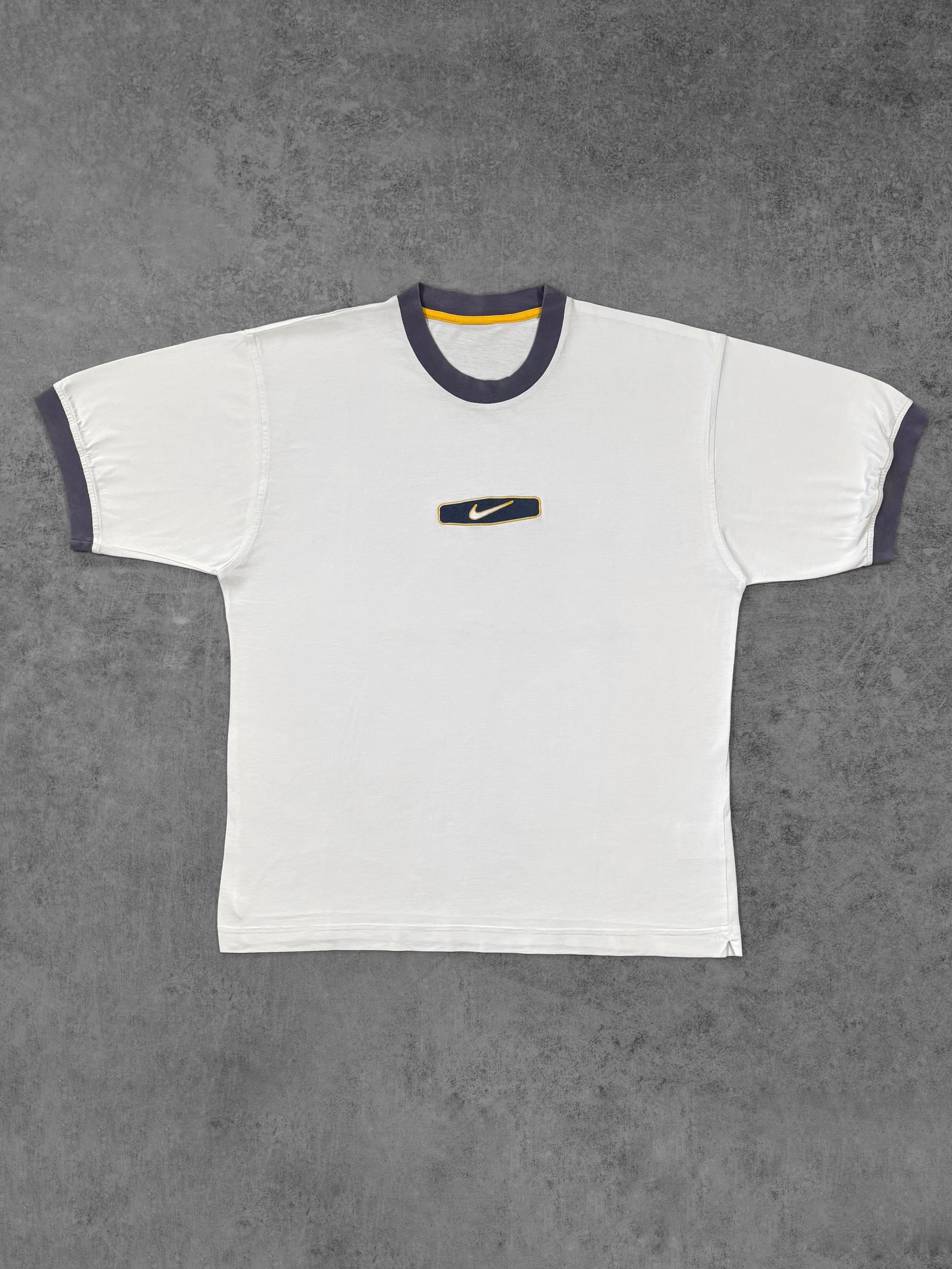 Front view of vintage late 1990s Nike ringer t-shirt in white with navy trim